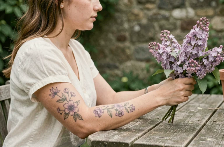 Femme aux tatouages floraux lilas sur l'avant-bras tenant une branche de lilas en fleurs dans un jardin de campagne