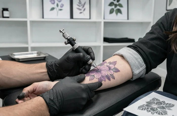Tatoueur en train de réaliser un tatouage floral lilas sur le poignet d'une cliente dans un studio moderne
