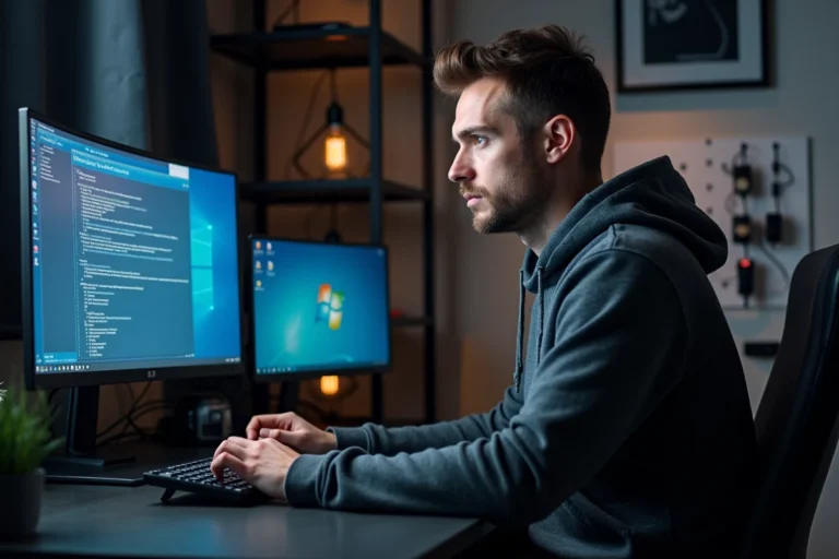 Technicien informatique configurant une machine virtuelle Windows 7 sous VMware sur un écran ultrawide dans un bureau à domicile