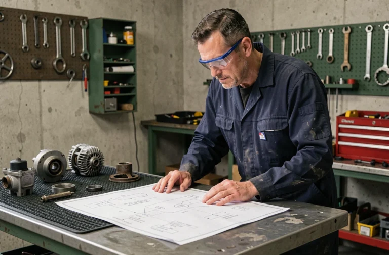 Technicien consultant une vue éclatée de groupe électrogène SDMO sur un établi d'atelier entouré de pièces détachées