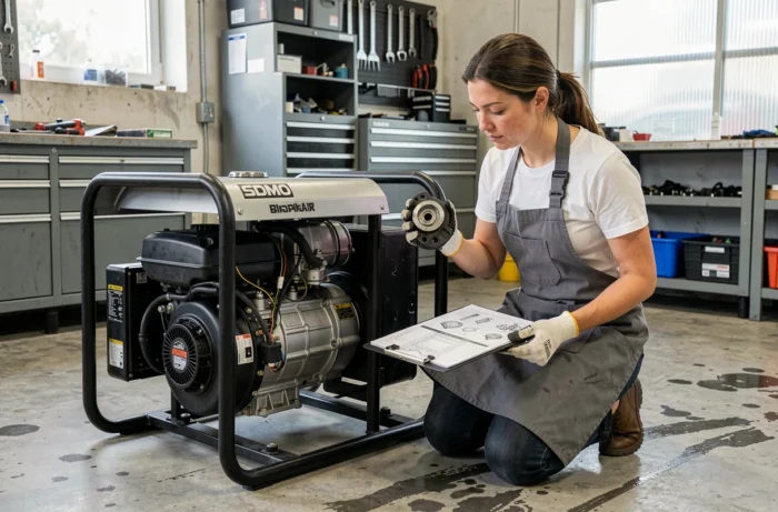 Technicienne identifiant des pièces détachées sur un groupe électrogène SDMO ouvert dans un atelier professionnel
