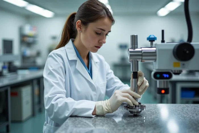 Technicienne qualité mesurant une pièce usinée en acier inoxydable avec une machine à mesurer tridimensionnelle en laboratoire de métrologie