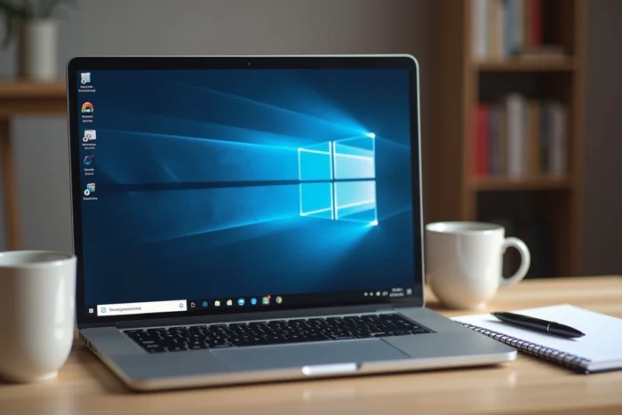 Écran d'ordinateur portable affichant le téléchargement d'une ISO Windows 7 dans un environnement VMware avec interface Aero visible
