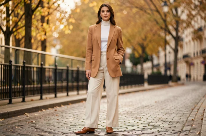 Femme élégante en blazer camel surdimensionné et pantalon large crème dans une rue pavée parisienne, tendance mode automne-hiver