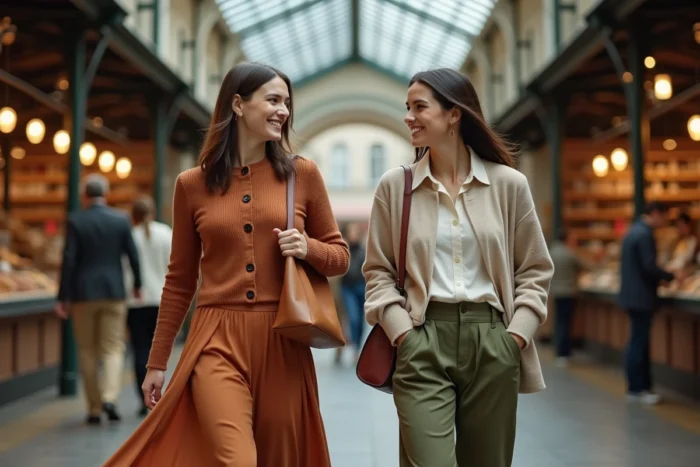 Deux femmes stylées marchant dans un marché couvert moderne, portant des tenues tendance 2024 aux couleurs terracotta et vert olive