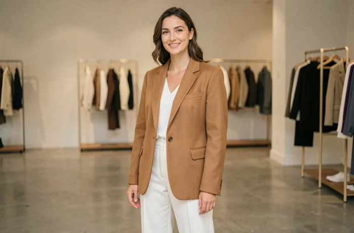 Femme élégante en blazer camel oversize dans une boutique parisienne minimaliste, tendances mode 2024