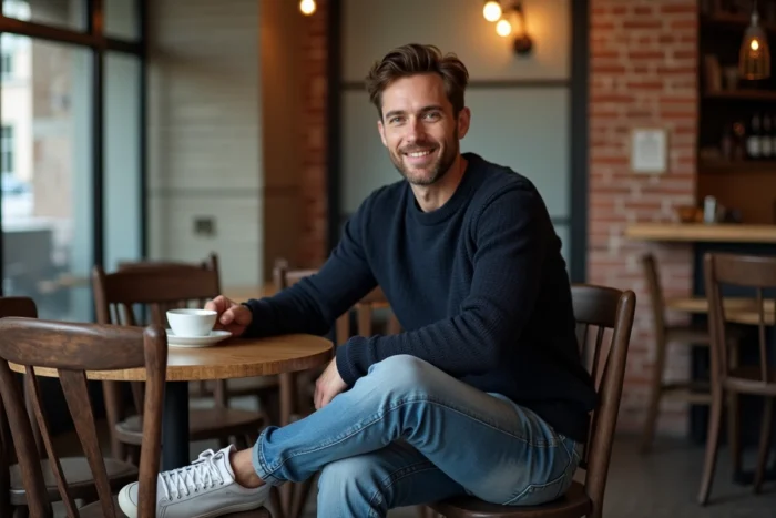 Homme stylé en pull marin oversize et jean droit assis dans un café urbain, inspiration mode masculine tendance 2024