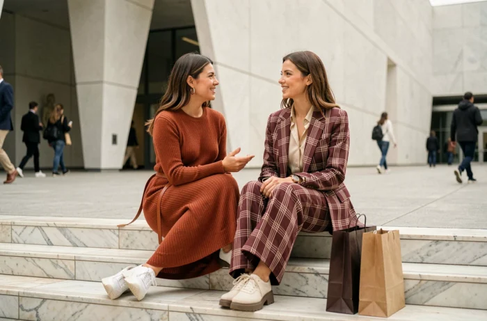 Deux femmes stylées aux tenues tendance automne assises sur des marches de musée moderne, robe côtelée rouille et costume écossais bordeaux