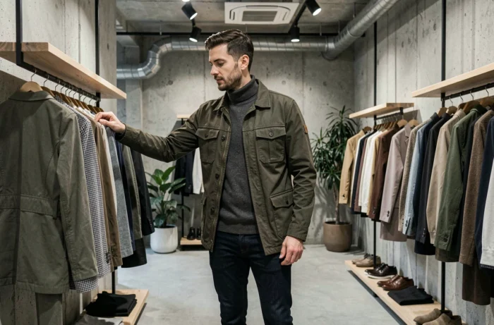 Homme en veste utility kaki et jean indigo explorant un concept store minimaliste aux murs en béton brut, tendances mode masculine