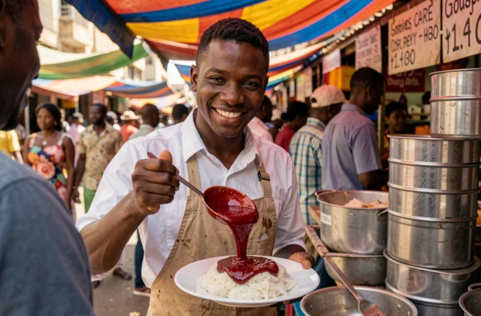 Vendeur de rue ivoirien servant la sauce Yopie sur du riz dans un marché animé d'Abidjan