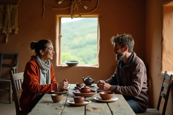 Deux voyageurs partagent un repas traditionnel dans une auberge locale authentique