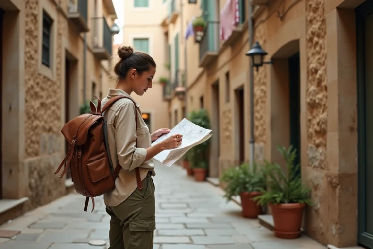 Voyageuse consulte une carte dans une ruelle pavée d'un village méditerranéen authentique