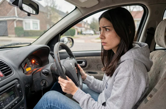 Conductrice inquiète face au voyant moteur allumé dans l'habitacle d'une Peugeot 206