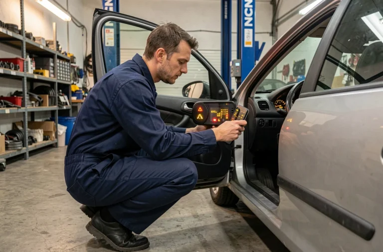 Mécanicien examinant les voyants du tableau de bord d'une Peugeot 206 dans un garage automobile