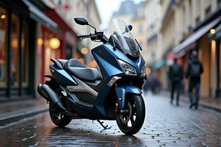Yamaha TMAX 750 2026 garé dans une rue parisienne sous ciel couvert, vue trois quarts avant sur pavés mouillés