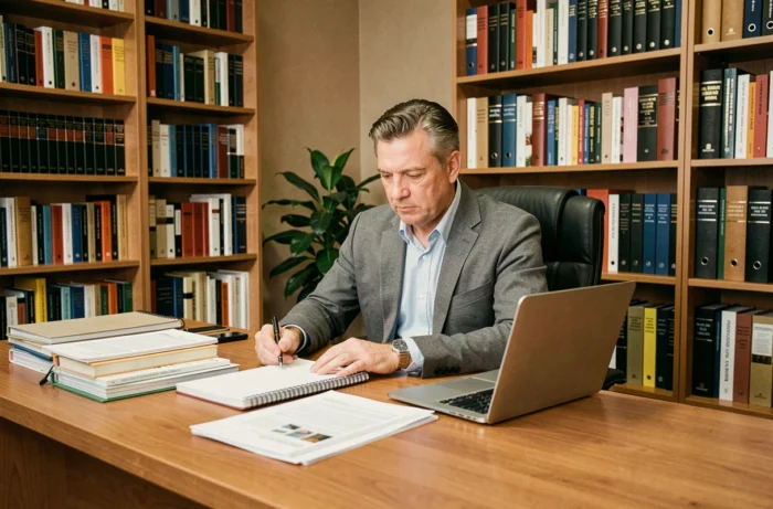 Homme inspirant concentré sur son travail dans un bureau élégant avec bibliothèque, évoquant la rigueur et l'excellence du parcours de Yann Dernaucourt