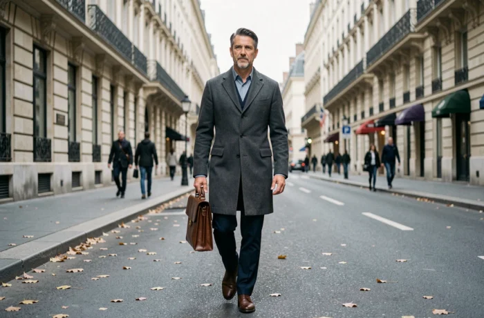 Homme d'exception marchant avec assurance dans une avenue parisienne en automne, symbole du parcours remarquable et de la détermination de Yann Dernaucourt