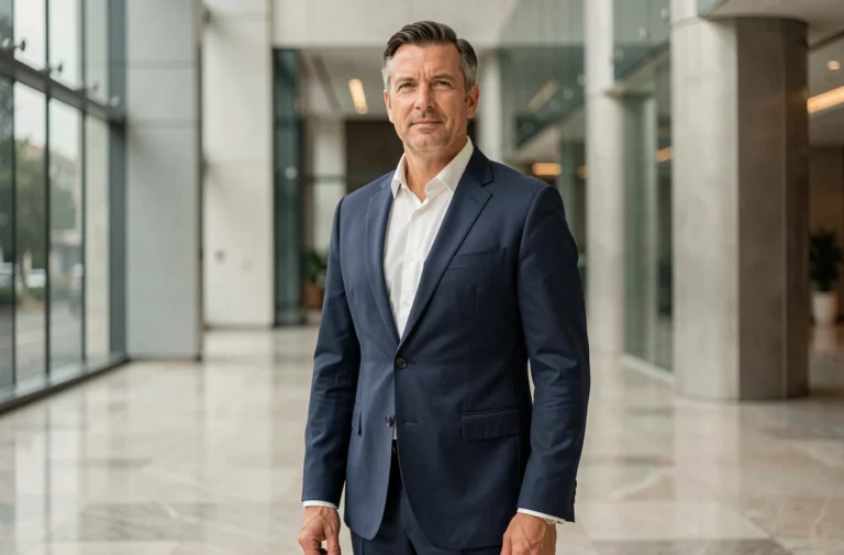 Portrait professionnel d'un homme d'affaires accompli en costume marine dans un hall moderne, illustrant le parcours inspirant de Yann Dernaucourt